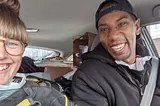 The author with her husband (right) in a packed car.