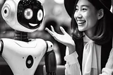 A woman smiling at a robot who also has a smile on its digital face