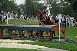 A horse jumps a lantern decorated table top fence at the Beijing Olympics