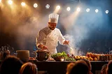 In a bustling cooking show, a professional chef dressed in traditional white attire works his culinary magic under the spotlight.