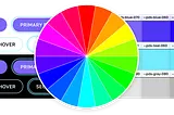 a colorwheel overlaid on button components and three rows of color swatches