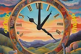 Gigantic clock in a colorful sky, colorful landscape in background. The word “Should” is outside the clock rim at the 12, 3, 6 and 9 hours.