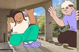 Two large cartoon figures kneel under a building, chatting and laughing together.