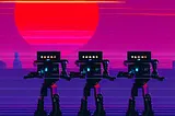 Robots marching in a synthwave sunset — generated using easy diffusion : free to use