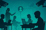 Silhouetted children seated in a classroom under surveillance, surrounded by glowing blue-green screens and cameras suggesting monitoring and control.