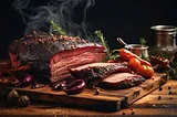 A mouthwatering, highly detailed image of a perfectly smoked brisket, glistening with a caramelized bark that reveals the rich marbling and fat cap.