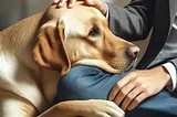 Photorealistic image of a service dog, likely a Labrador or Golden Retriever, providing comfort to an individual with anxiety, depicted by the dog’s head resting gently on the person’s lap in a serene environment.