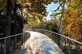 Suspension bridge curving off into the distance with sunshine at end