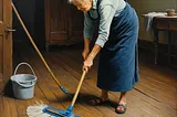 Oil painting of an older woman mopping a hardwood floor