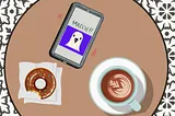 coffee and donut on table with bird matching on app.