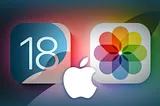 iOS 18 blue icon on the left, iOS Gallery app icon on the right, with a white Apple logo in the center.