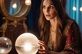A woman fortune teller with a crystal ball in front of her.