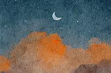 A watercolor of the night sky, coral clouds, and a sleeping moon.