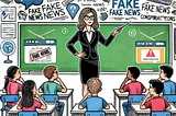 IMAGE: An illustration representing a school class with a female teacher explaining disinformation