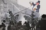 Striking workers in front of a factory, being fired on by teargas. Between them and the factory are a pair of jousting knights in the style of a medieval tapestry. Behind the factory looms a giant, ogrish boss in a top-hat, chomping a cigar. He is pulling on a lever made from a stylized dollar sign. In one gloved hand, he holds aloft a medieval night, who is bent over in supplication.