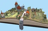 Imagine a book unfolding to reveal a township physically popping out of the pages. A castle sits at the top of the seam, its flags flying proudly over the flowing waters. A windmill turns steadily, grinding grain for the people’s bread loaves, powered by a stream that flows down the binding of the book and off into the space below.