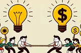 An image created using AI showing a marketing team on the left and sales team on the right. They are currently doing a tug of war.