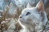 white kitty with blue eyes looking up at the sundogs