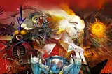 A cropped image of promotional artwork for the game Metaphor: ReFantazio. The crop places emphasis on some of the game’s villainous figures: Louis, several monsters known as Humans in game, and a big rocky face with glowing orange eyes.
