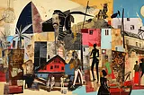 Mixed-media abstract collage of city life.