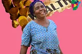 Black woman in blue dress, with gold objects, coins, and perhaps the world wealth behind her