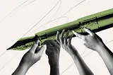 Image of a giant pen being held by many hands.