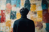 view of the back of an artist, dressed in a black turtleneck, pondering a block abstract image that forms the image background