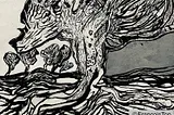 Black and white abstract illustration of a large, central tree with swirling, textured bark and branches. Smaller, similarly styled trees appear in the background, set against a sky shaded in gray tones. The image is highly stylized with bold, expressive lines. A watermark in the bottom right corner reads “©FrancoisTop.”