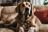 Older golden lab on couch looks up.