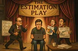 Cartoon illustration of a software developer on stage under a spotlight, looking stressed at his laptop. He’s surrounded by exaggerated corporate figures: an angry manager pointing, a cheerful consultant with a pie chart labeled “Possibility,” and a panicked colleague holding a Gantt chart. A banner above reads “The Estimation Play,” set against red theater curtains.