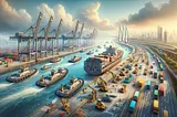 ChatGPT & DALL-E generated panoramic image of a bustling port on the Yangtze River with electrically powered river ships and tugs.