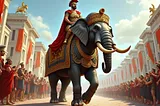 Roman Emperor Claudius riding a war elephant through Londinium.