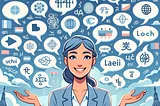 IMAGE: A happy woman surrounded by speech bubbles in various languages, symbolizing the joy and confidence that come with multilingual abilities