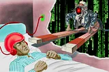 A hospital room with a hospital bed. The patient in the bed is wearing some kind of red mind-control helmet with a red cord snaking away to a switchplate on the wall. He is grimacing and clutching his sheets. A breakway wall shows a caricature of Uncle Sam whose legs stick out to suggest a horseshoe magnet. His face has been replaced with the glowing red eye of HAL9000 from Kubrick’s ‘2001: A Space Odyssey.’ Behind him is a ‘code waterfall’ as seen in the credit sequences of the Wachowskis’ ‘Mat