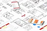 Note: Medium does not allow image descriptions longer than 500 characters. Therefore, some image descriptions will be simplified. I’m not an English native speaker, so I apologize for any lack of details. This is the first image, a composition showing sketches, wireframes, user flows. On top of them, two mobile devices display iFood’s user interface mockups. The iFood brand is displayed at the center.