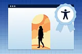 On a web page, a silhouetted person walks through a bright doorway, and a certification ribbon adorns the corner of the browser.