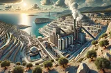 ChatGPT generated panoramic image of a limestone quarry with a biomass-burning kiln beside the ocean in Italy