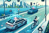 IMAGE: An illustration explaining C-V2X (Cellular Vehicle-to-Everything) technology and its use in preventing car accidents involving cyclists. It depicts a scenario where a car equipped with C-V2X technology communicates with a nearby cyclist, enhancing safety and technological innovation in traffic management