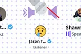 An illustration featuring three Twitter Space profile cards: one marked as ‘Host,’ one as ‘Speaker,’ and one as ‘Listener,’ accompanied by a sad face emoji. Above the cards, there are three emoji doodles, including a muted speaker, a loud speaker, and a microphone emoji at the center.