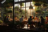 People sitting around a large table collaborating in a room full of windows and plants. Illustration in a Japanese Anime style