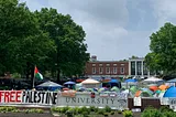 The Free Palestine encampment at Johns Hopkins University (Photo by the author, May 2024); April 2025 update: dozens of JHU students’ visas have been revoked.
