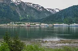 A small town stretches in a row behind dark forested mountains and in front of a body of water that reflects the dark forests. Two large cruise ships are docked parallel to the waterfront.