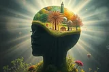 Silhouette of a person with brightly colored houses, towers, and trees inside their head