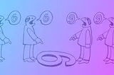 Two people are standing on opposite sides of a number drawn on the ground. One sees it as a 6, while the other sees it as a 9. They are discussing their different perspectives.
