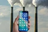 A hand holds a smartphone displaying apps against a clear blue sky. Behind the phone, a smokestack emits dense smoke, highlighting environmental concerns.