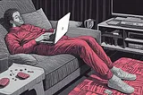 An illustration of a man in his pyjamas slouching on a couch at home, his laptop balancing on his knees, some food on the coffee table nearby.