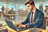 AI generated Illustration of a focused salesman in an office, diligently working at his desk while sending out emails on a laptop. He has a determined expression,