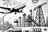 A black and white pencil sketch illustrating cyberattacks on critical infrastructure, featuring an airport terminal, oil rig, and digital network symbols.