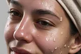 A close-up of a woman’s face with oily skin, showing water droplets on her skin. She has a towel wrapped around her head, suggesting a skincare routine. The image highlights the importance of hydration for oily skin, as discussed in the article “Skincare Myths Debunked: Oily Skin Needs Hydration Too!” Her skin appears healthy and well-moisturized, reflecting the benefits of using a hydrating cleanser like CeraVe Foaming Facial Cleanser.