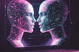 Two holographic AI heads talking to each other on a laptop monitor